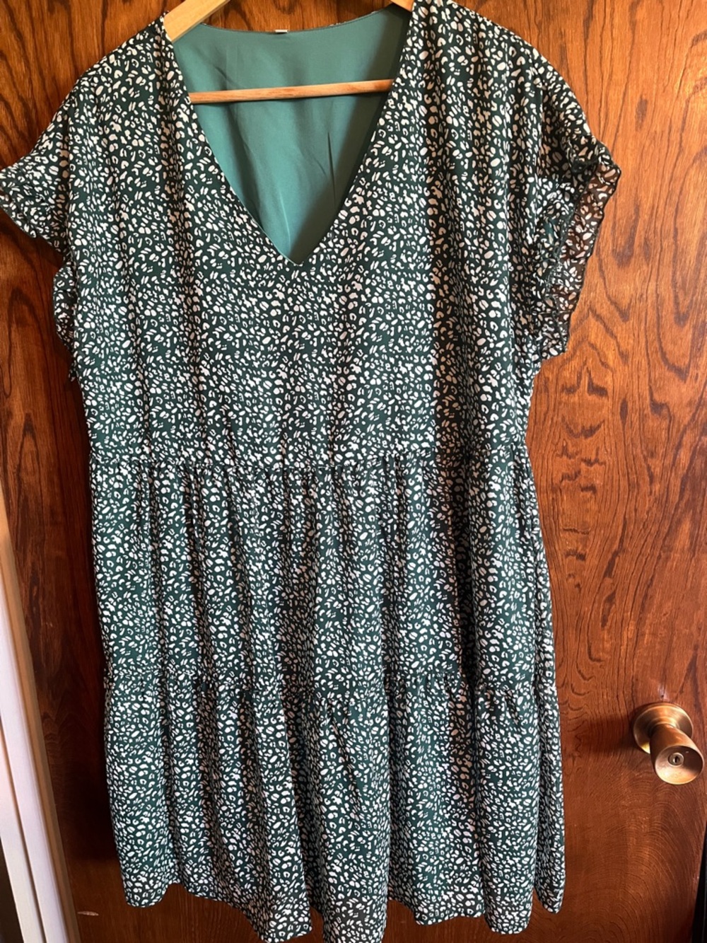 Green Leopard Print V-Neck Tiered Dress